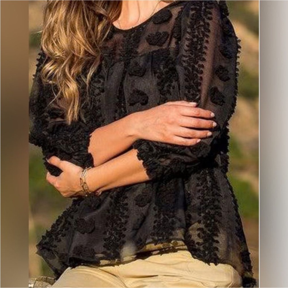 THML MATAPOLO POM FRINGE BLACK SHEER TOP Size M